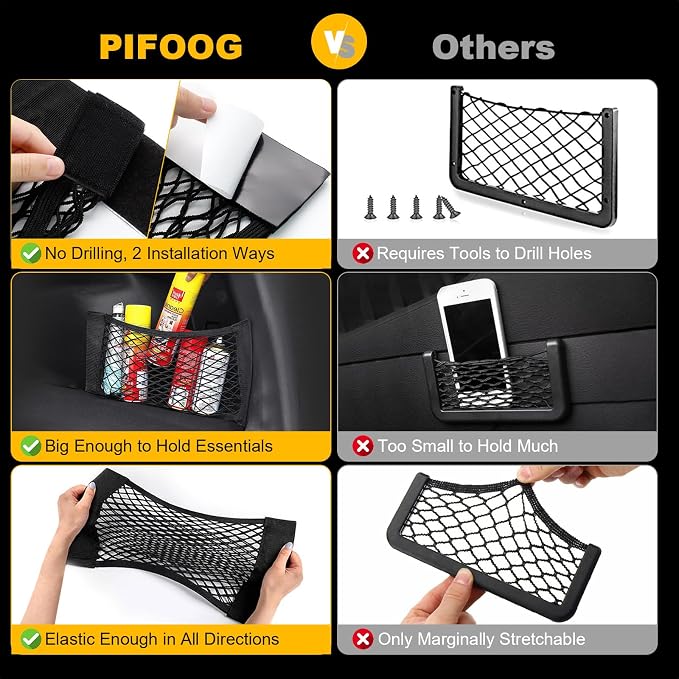 PIFOOG 4Pcs Universal Car Storage Net Pockets Stretchable Automotive Mesh Pouch Nets Bag Organizer Stickers Netting for Auto SUV Trunk Back Seat RV Camper
