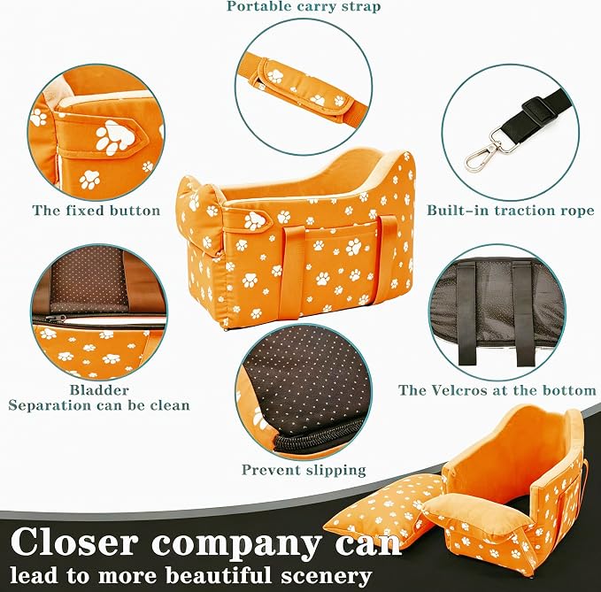 Center Console Dog Car Seat for Medium Dogs - Portable Dogs Armrest Booster Seat, Anti-Collapse Pet Car Seat with Soft Cushion Safety Belt, Support Pet Up to 21lbs (Orange)