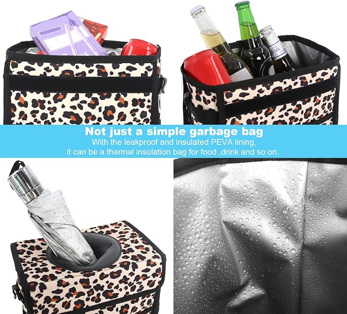 Femuar Leak Proof Car Trash Bag Large Capacity Waterproof Garbage Can with Lid for SUV Leopard Print