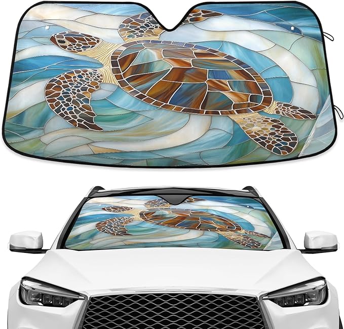 Sea Turtle Glass Ocean Windshield Sunshade Car Sun Shade Front Window Shade for Truck SUV Blocks UV Rays Sun Reflector Visor Protector Accordion Folding