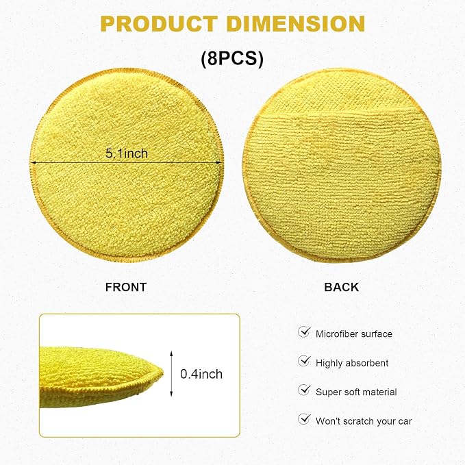 8PCS Microfiber Wax Applicator Pads, 5 Inch Round Car Wash Sponge Cleaning Tools with Finger Pocket, Scratch-Free Ultra-Soft Foam Bulk for Fine Polishing Detailing Waxing (Yellow)