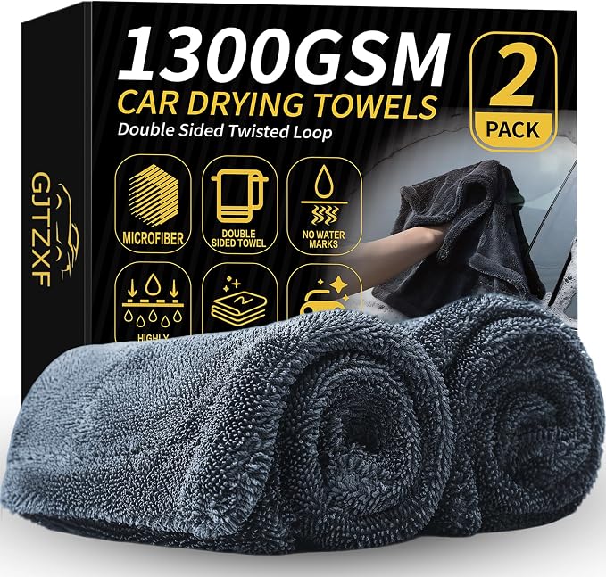 2-Pack Double-Twist Pile Microfiber Towels for Cars 1300 GSM Car Drying Towels (15.75" x 15.75") Ultra Absorbent Microfiber Towel, Streak-Free & Scratch-Free Car Cleaning Supplies with Edgeless Design