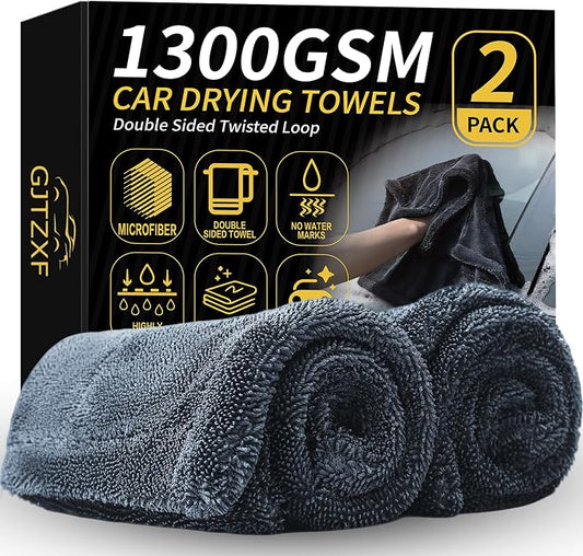 2-Pack Double-Twist Pile Microfiber Towels for Cars 1300 GSM Car Drying Towels (15.75" x 15.75") Ultra Absorbent Microfiber Towel, Streak-Free & Scratch-Free Car Cleaning Supplies with Edgeless Design