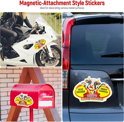 3 Pcs Reflective Student Driver Magnet and Stickers Set - Funny Animal New Driver Safety Signs for Car, Waterproof & Weatherproof High Visibility Vehicle Bumper Decals, Magnet + Stickers (Cow)