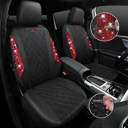 CAR PASS Oxford Bling Diamond Car Seat Covers Full Set Interior Sets, Waterproof Shining Glitter Sparkly Crystal Universal Armrest Fit 95% Automotive Truck SUV Cute Women Girl, Black Red Rhinestone