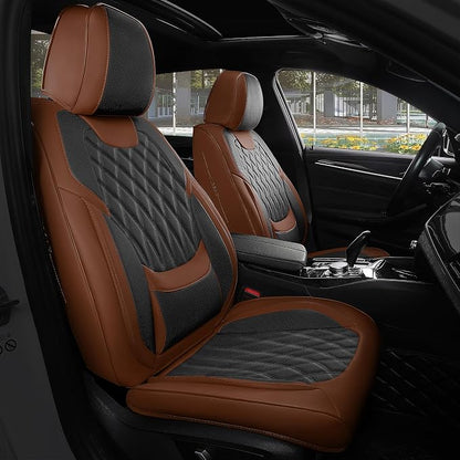 FREESOO Car Seat Covers Front Seats - Luxury Breathable Waterproof Faux Leather Car Seat Cover Protectors with Lumbar Support, Universal Fit for Most 5 Seats Vehicles Sedans Hatchbacks, Black Brown
