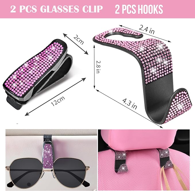 CAR PASS 11 PCS Bling Car Accessories Set for Women, Sparkly Rhinestone Diamond Steering Wheel Cover, Bling Seat Belt Cushion, Shift Knob Cover, Push Start Button Ring, Car Cup Holder Coaster, Pink