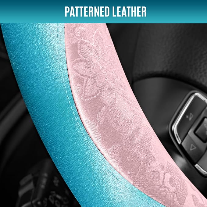 PIC AUTO Steering Wheel Cover, Pink Patterned & Blue Leather Patchwork Design, Universal Fit 14.5"–15.5", Anti-Slip, Odor-Free, Soft PU Grain Leather, Durable Grip Car Accessory for Girls & Women