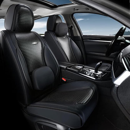 Coverado Car Seat Covers Full Set, Black Seat Covers for Cars, Waterproof Nappa Leather Automotive Seat Covers with Lumbar Head Pillow, Car Seat Protectors, Universal Fit for Most Cars SUV