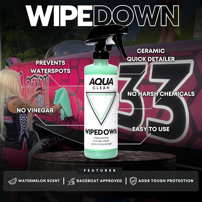AquaClean WIPEDOWN Ceramic Quick Detailer Spray & Waterless Wash | SiO2 Hydrophobic Coating | Car, Truck, Boat, RV, Motorcycle & Off-Road | UV Protection | Shine & Protect | USA Made | 16oz
