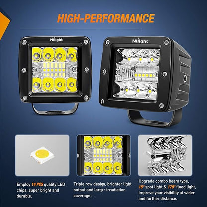 Nilight LED Pods 2Pcs 3 Inch 42W LED Cubes Spot Flood Combo Square Driving Fog Off Road Work Lights for Trucks Pickup Golf Cart SUV ATV UTV 4x4 Van Camper