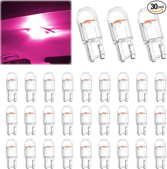ecocstm 30 PCS Car 194 LED Bulbs, 168 2825 W5W T10 Wedge COB LED Replacement Bulb, Error Free Interior Bulb for Dashboard Light, Dome Lights (Pink Purple)