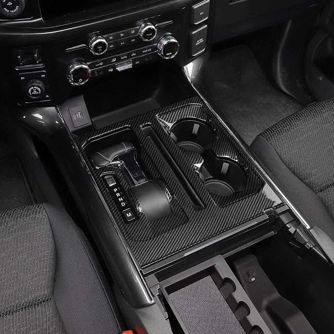 Jimen Compatible with Ford F150 2021-2025, Center Console Gear Shift Panel Trim Cover (Carbon Fiber Grain)