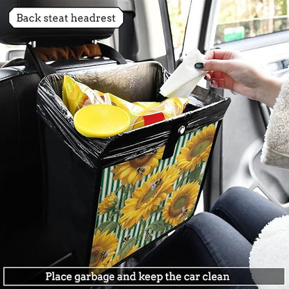 Car Trash Can Organizer Bin with Adjustable Strap for Back Front Seat Console Waterproof Leakproof Collapsible Portable 11 Inch Green Striped Sunflowers and Honey Bees