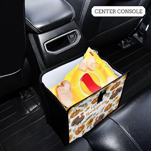 Car Trash Can Organizer Bin with Adjustable Strap for Back Front Seat Console Waterproof Leakproof Collapsible Portable 8.66 Inch Thanksgiving Turkeys Sunflowers White
