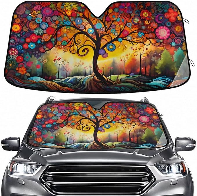 Windshield Sun Shade Abstract Flower Tree Front Window Block UV Shades Visor Reflective Retractable for Car SUV Trucks