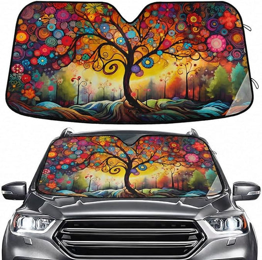 Windshield Sun Shade Abstract Flower Tree Front Window Block UV Shades Visor Reflective Retractable for Car SUV Trucks