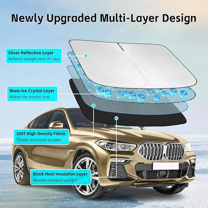 Windshield Sun Shade for BMW X6 2015-2026 Sunshade 300T Windshield Cover Shield Protector Blocks UV Rays Custom Fit X6 Front Window Shades Windshield Accessories Keep Cool Foldable