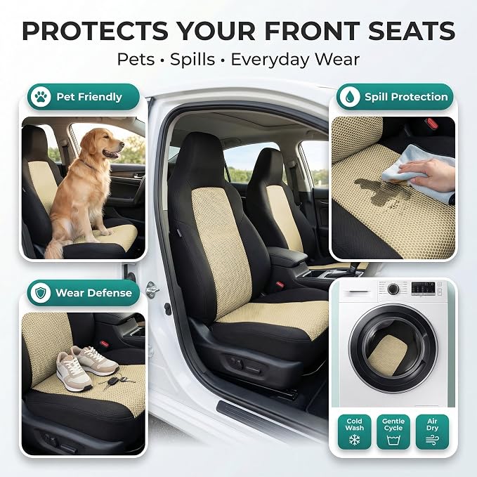 FH Group Automotive Front Car Seat Covers for SUV, Trucks, Sedan and More - Universal Fit Front High Back Design Interior Accessories - 3D Mesh Fabric Center Panel - Beige