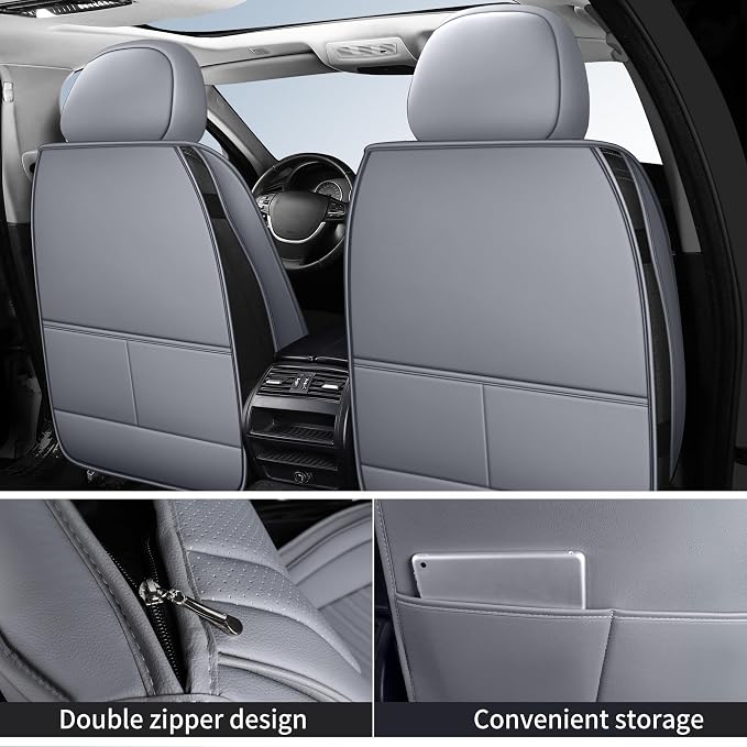 HChengkikz Nappa Leather Car Seat Covers Front Seats, Gray Car seat Protector, Waterproof Car Seat Cushion, Universal Automotive Seat Covers Fit for SUV Truck Pick-up Sedan and Most Cars