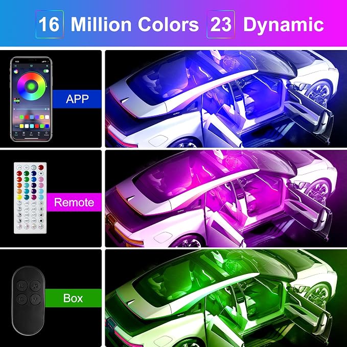 Hovano Car Interior LED Lights, APP Control with USB Port, RGB Color Change with Music Sync & DIY Mode, 48 LEDs Lights for Under Dash Running Board Truck