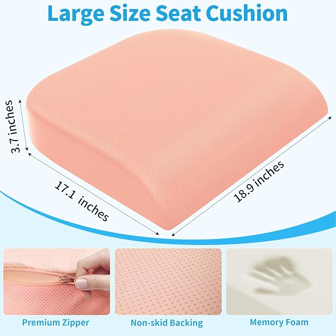TranquilRelax 2XL Seat Cushion, Memory Foam Cushion for Long Sitting Hours on Office Chair, Car Seat, Non-Slip Chair Pad for Sciatica, Coccyx, Tailbone Pain Relief & Post-Surgery Recovery (Pink)