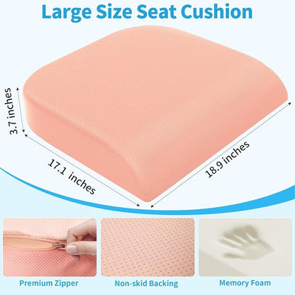 TranquilRelax 2XL Seat Cushion, Memory Foam Cushion for Long Sitting Hours on Office Chair, Car Seat, Non-Slip Chair Pad for Sciatica, Coccyx, Tailbone Pain Relief & Post-Surgery Recovery (Pink)