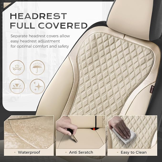 Coverado Front Seat Covers, 2-Pack Luxury Leather Car Seat Cover with Carbon Fiber Weave, Waterproof Car Seat Protectors, Spill-Proof Car Seat Cushion, Beige Seat Covers Universal Fit for Most Cars