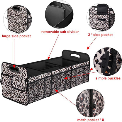 Femuar Collapsible Trunk Organizer - 90L Large Capacity with 15 Pockets, Waterproof for SUV/Car/Jeep/Sedan, Extra Large Leopard Print