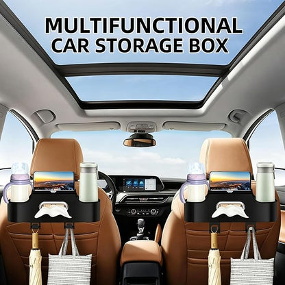 4-in-1 Back Seat Car Organizer, Adjustable Hooks, Universal Fit, with Cup Holder, Tissue Box & Storage, for Travel, Stores Phone, Snacks, Drinks, Handbags, Keeps Car Neat & Space-Saving (Black)