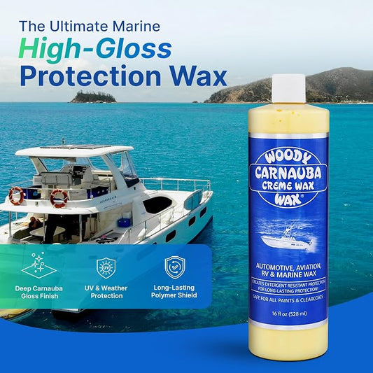 Woody Wax Carnauba Creme Wax, Professional High-Gloss Marine, RV & Aviation Wax, UV Protection for Paint & Clear Coat, Detergent Resistant Polymers, Covers Light Scratches and Removes Oxidation, 16 oz