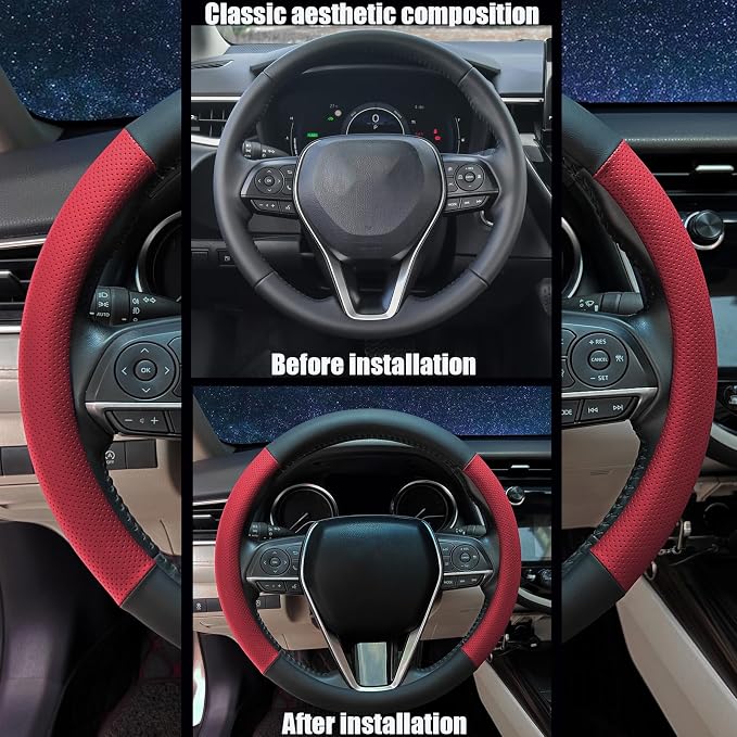 Steering Wheel Cover Standard Size 14.5-15 inch, Non-Slip Car Wheel Cover Protector, Non-Folding Packaging, Microfiber Leather, Black and Red