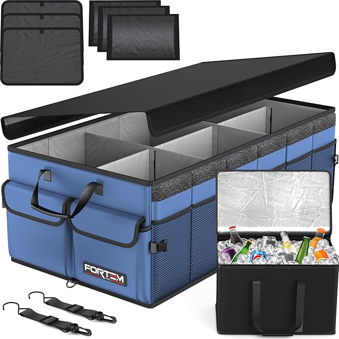 FORTEM Trunk Organizer with Cooler For SUV Car Trunk, Foldable Storage, Car Accessories for Women Men, Collapsible Bag, 600D Oxford, Non Slip Bottom, Straps, Soft Cover (105L)
