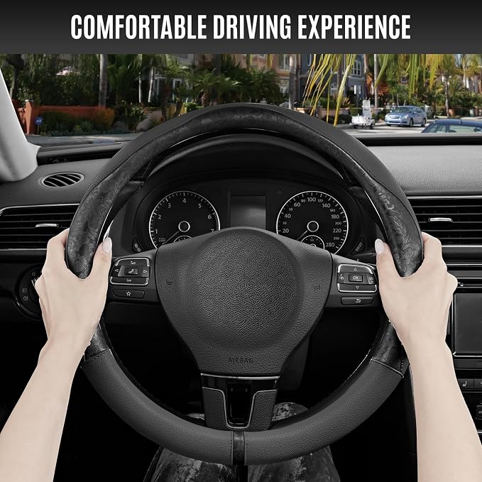 PIC AUTO Steering Wheel Cover, Black Patterned Leather Patchwork Design, Universal Fit 14.5"–15.5", Anti-Slip, Odor-Free, Soft PU Grain Leather, Durable Grip Car Accessory for Girls & Women