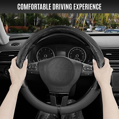 PIC AUTO Steering Wheel Cover, Black Patterned Leather Patchwork Design, Universal Fit 14.5"–15.5", Anti-Slip, Odor-Free, Soft PU Grain Leather, Durable Grip Car Accessory for Girls & Women