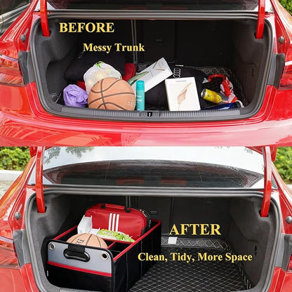 Car Trunk Organizer, Collapsible Auto Trunk Organizer Storage, Portable Grocery Cargo Container with Two Large Compartments for SUV, Vehicle, Truck, Home and Office