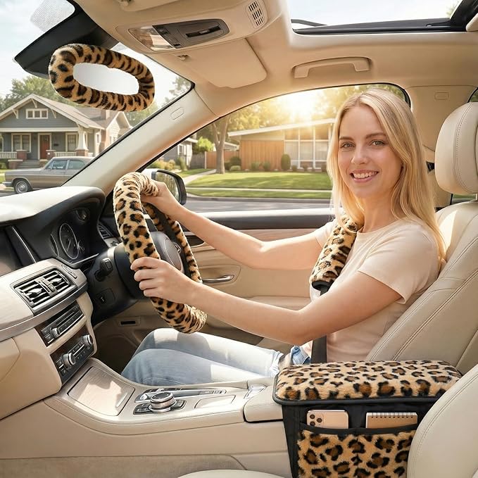 5 Pcs Fuzzy Animal Print Car Accessories Set, Soft Fluffy Plush Steering Wheel Cover, Center Console Armrest Pad & Rearview Mirror Cover - Interior Decorations for Women,Universal Fit (Leopard Print)