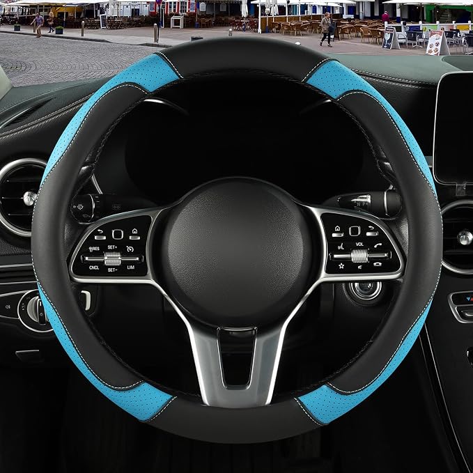 Microfiber Leather Steering Wheel Cover, Breathable, Anti Slip, 13.5 inch to 14 inch, Black with Blue