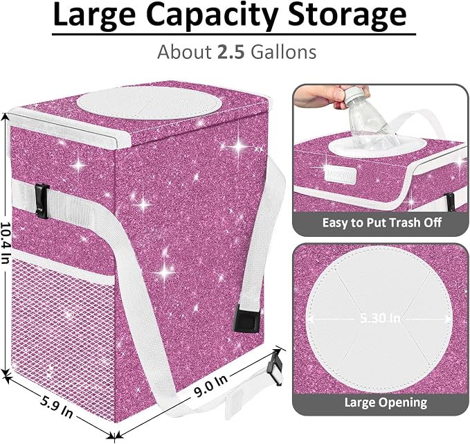 Cute Mini Car Trash Bag with Lid, Glitter Garbage Can Bin Hanging for Back/Front Seat/Console, Waterproof, Leakproof, 2.5 Gallon, Purple Bling Sparkly