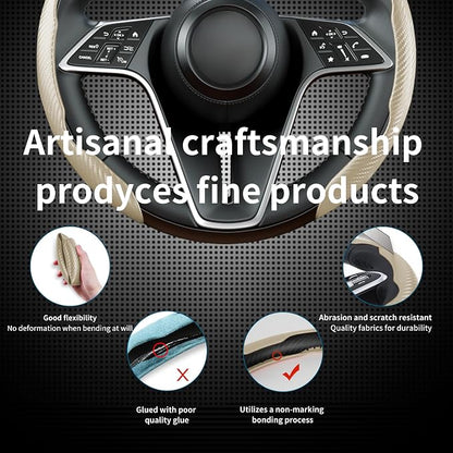 Carbon Fiber Steering Wheel Cover, 2-Piece Set Anti-Skid Comfortable Grip Segmented Butterfly Design, Easy Snap-On Installation Universal Fit 99% Cars, Beige