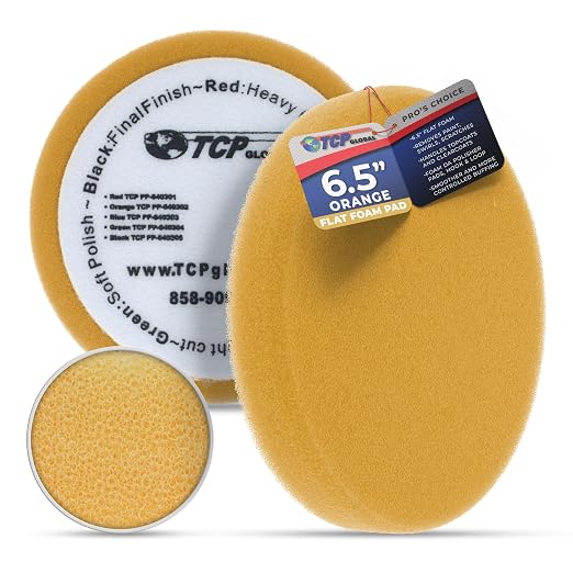 TCP Global 6.7" Orange Flat Medium Cut DA Grip Foam Polish Pad - Hook & Loop Buffer Pads - Car Buffing Pads for Paint Correction, Detailing