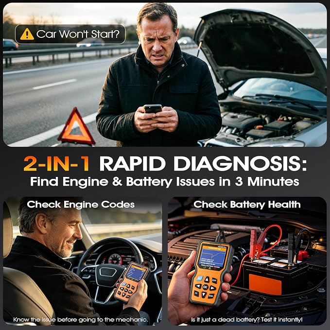 OBD2 Scanner with Battery Tester, 2-in-1 Design 1-Sec Read/Clear Check Engine Code Reader, 12V Car Battery Health & Charging System Analyzer, Universal Auto Diagnostic Tool for 1996+ Cars