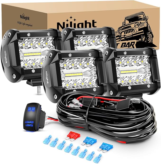 Nilight 4Pcs LED Pods 4Inch 60W Triple Row Flood Spot Combo 6000LM Light Bar with 12V On/Off 5 Pin Rocker Switch 16AWG Wiring Harness Kit-4 Leads (ZH041)