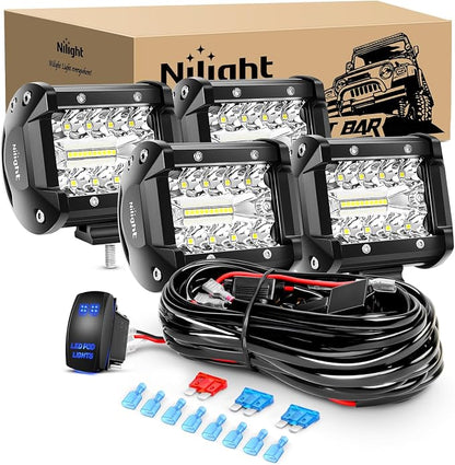 Nilight 4Pcs LED Pods 4Inch 60W Triple Row Flood Spot Combo 6000LM Light Bar with 12V On/Off 5 Pin Rocker Switch 16AWG Wiring Harness Kit-4 Leads (ZH041)