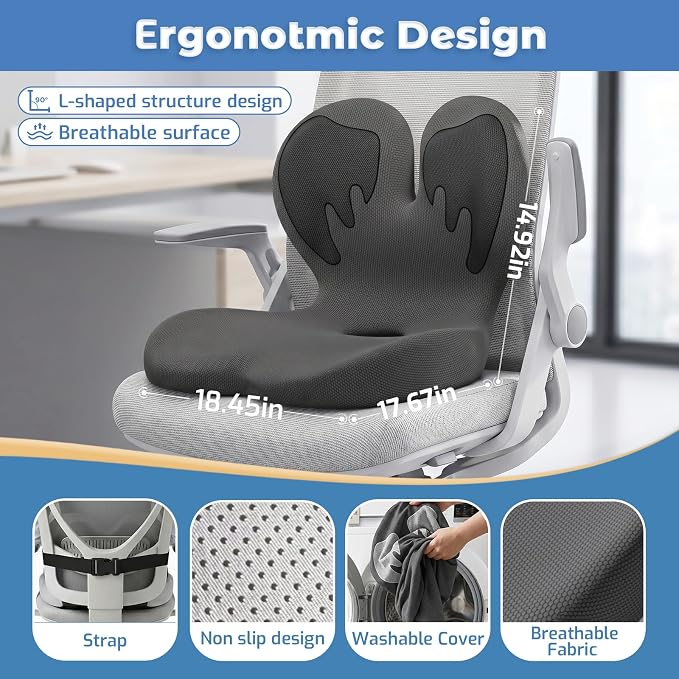 Memory Foam Seat Cushion,Orthopedic Ergonomic Seat Cushions for Tailbone,Sciatica, and Back Pressure Relief,L-Shaped Design & Adjustable Strap,Lumbar Support Pillow for Office,Car,Desk Chair
