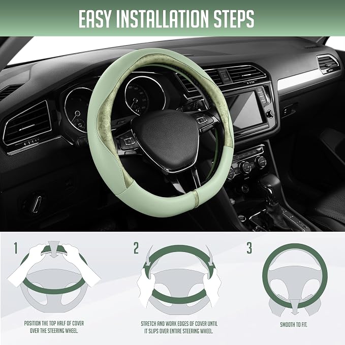 PIC AUTO Steering Wheel Cover, Green Patterned Leather Patchwork Design, Universal Fit 14.5"–15.5" D-Shape Steering Cover, Soft PU Grain Leather, Durable Grip Car Accessory for Girls & Women