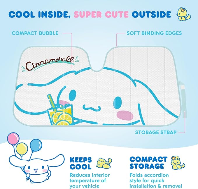 Carbella Cinnamoroll Car Windshield Sun Shade, Official Sanrio Accordion Style Sunshade for Car Window, Cute Kawaii Car Sun Shade Windshield, Cinnamoroll Car Accessories for Women (Lemon Chill)