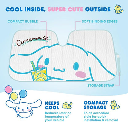 Carbella Cinnamoroll Car Windshield Sun Shade, Official Sanrio Accordion Style Sunshade for Car Window, Cute Kawaii Car Sun Shade Windshield, Cinnamoroll Car Accessories for Women (Lemon Chill)