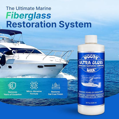 Woody Wax Ultra Gloss Restoring Compound, Professional-Grade Fiberglass Restoration & Oxidation Remover for Boats & Yachts, Diminishing Micro-Abrasive Formula for High Gloss Gel Coat Finish, 16 oz