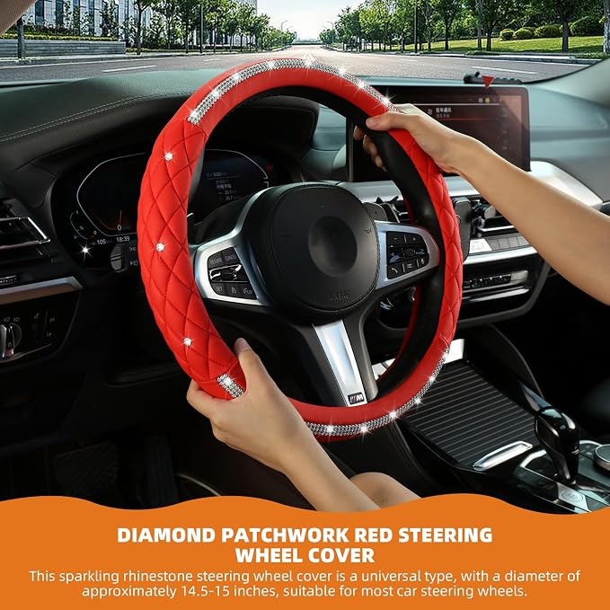Diamond Steering Wheel Cover，with Bling Crystal Rhinestone, Delicate and Anti-Slip Sparkly Steering Wheel Cover ，Adaptable to 14.5-15 inches Car Wheel Protector for Women Girl，Car Accessories, Red